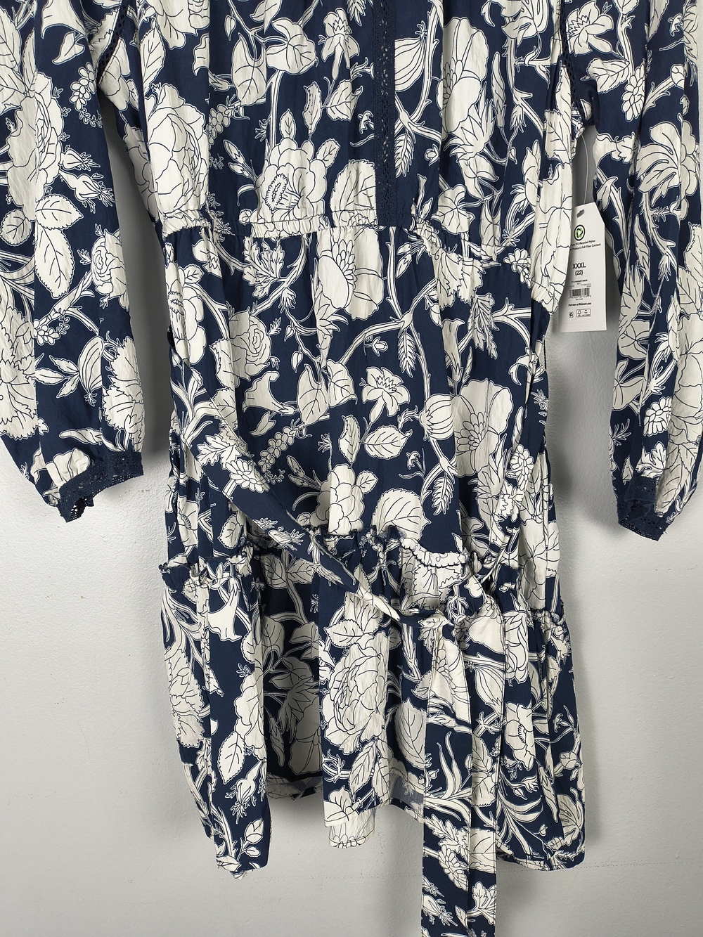 Time & Tru Mini Dress Women's XXXL 22 Blue White Printed Long Sleeve Tie Waist - Picture 5 of 13